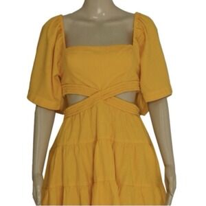 FREE PEOPLE Cross Of Sunlight Mini Dress Cotton Linen Blend Yellow S Beach Y2K